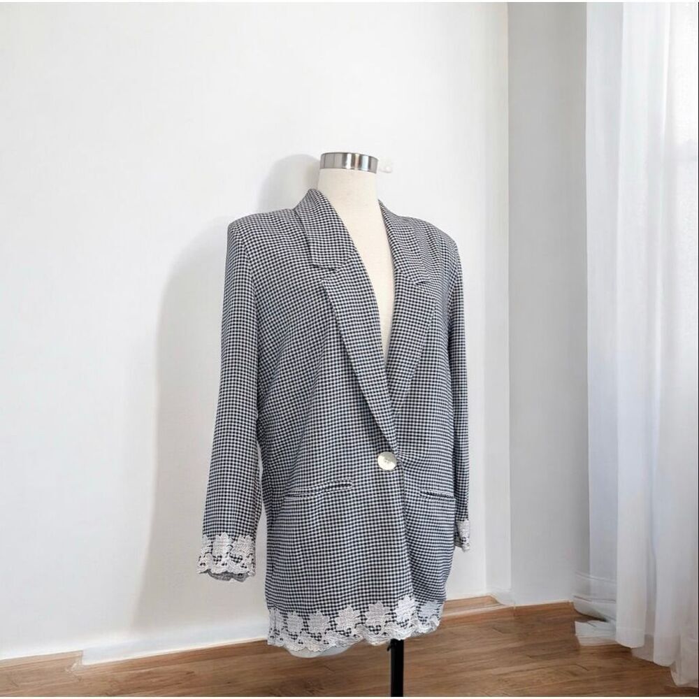 Tina Hagen Gingham Lace Blazer Jacket Oversized Crochet Single Button Small